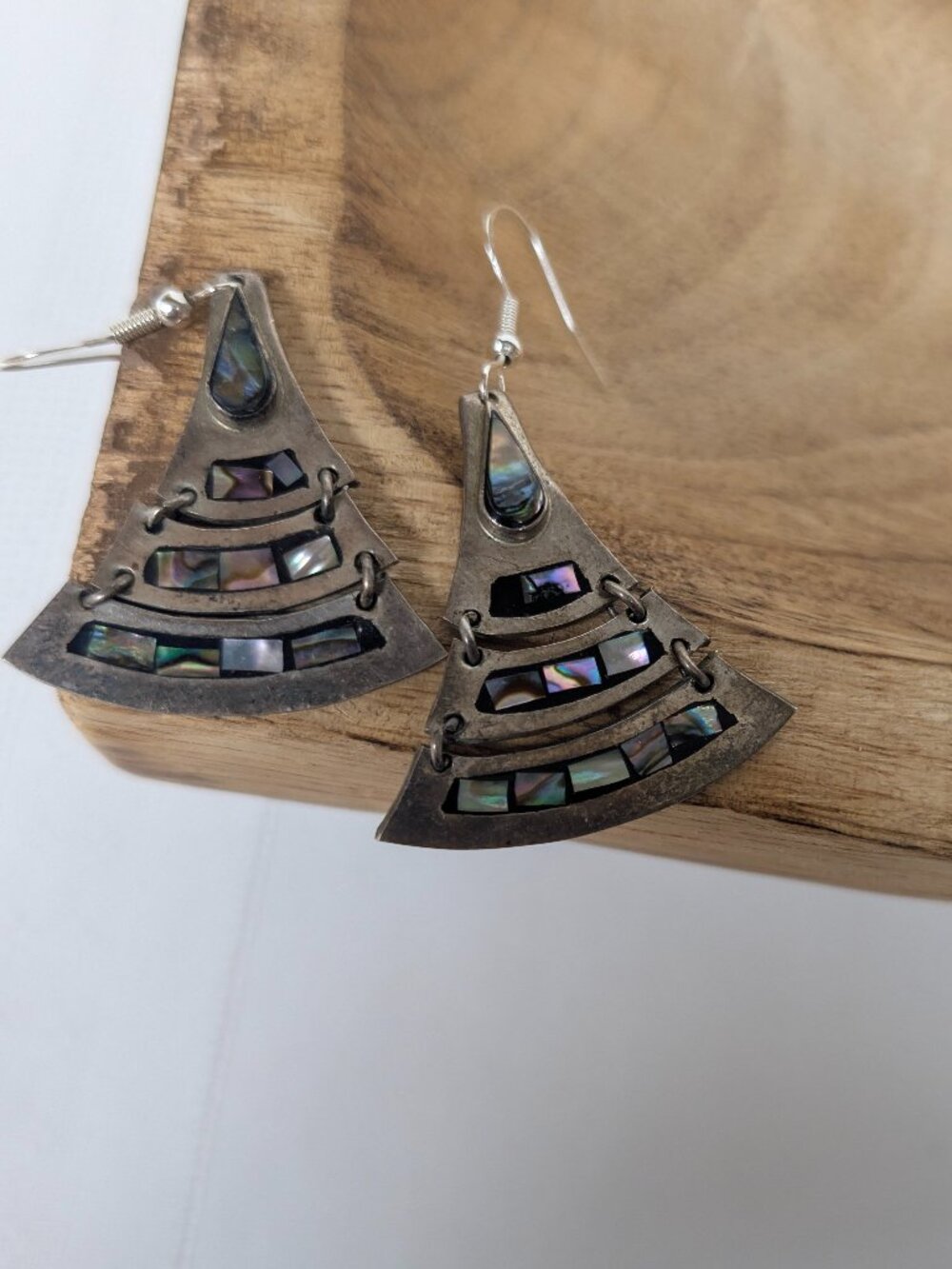 Vintage Alpaca Mexico Sterling Silver 925 Fan Inlay Earrings
